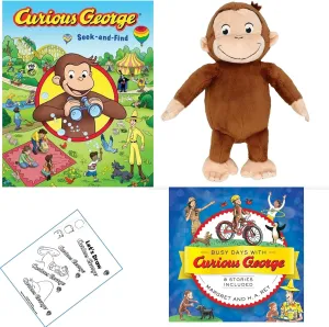 Curious George Gift Set - 8 Stories by H A Rey, Book Character Stuffed Animal Monkey, Curious George Seek-and-Find Book and Activity Pages (Humorous Creative and Educational Adventures)