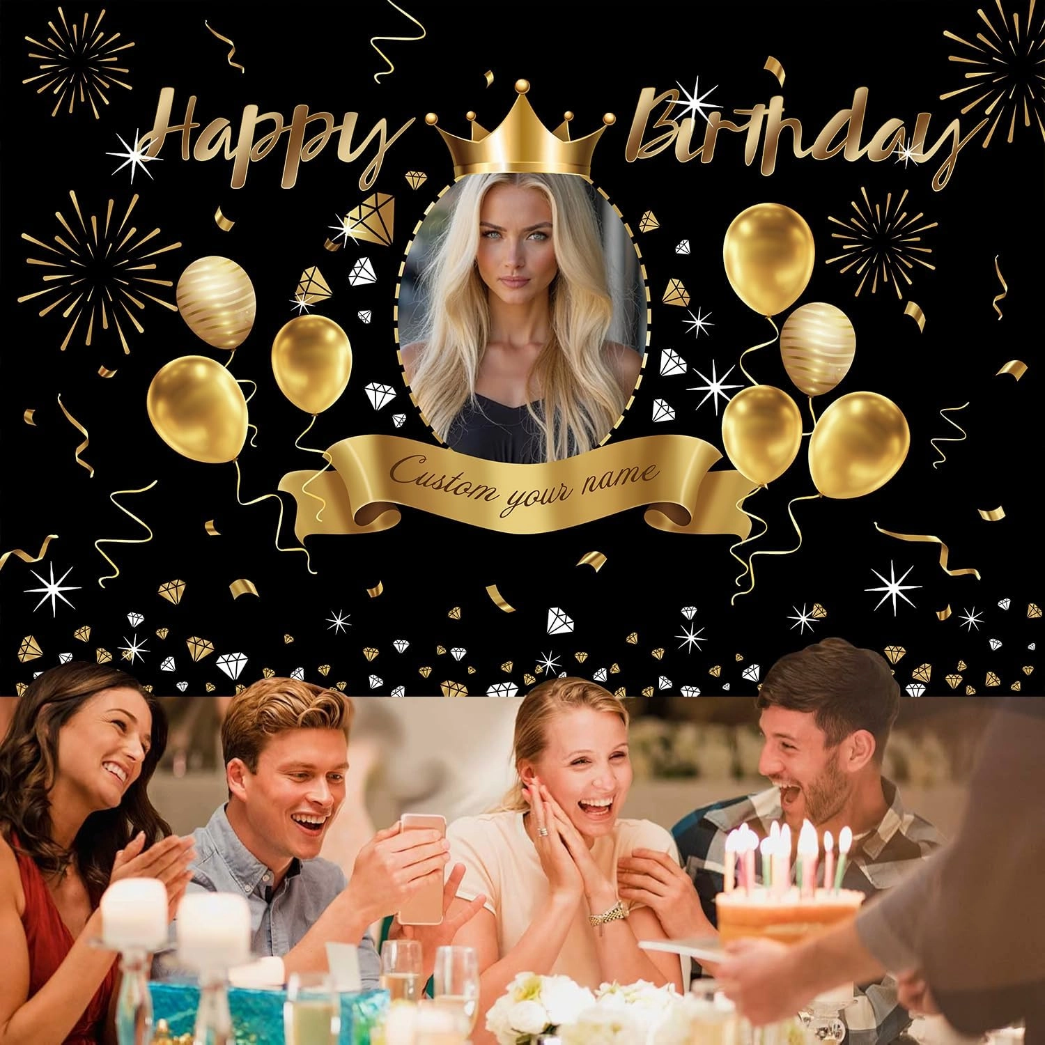 Custom Black Gold Crown Happy Birthday Banner Backdrop Personalized Happy Birthday Golden Balloon Diamond Backgroud Party Indoor Outdoor Car Decoration Supplies for Man Women (5x7.5ft)