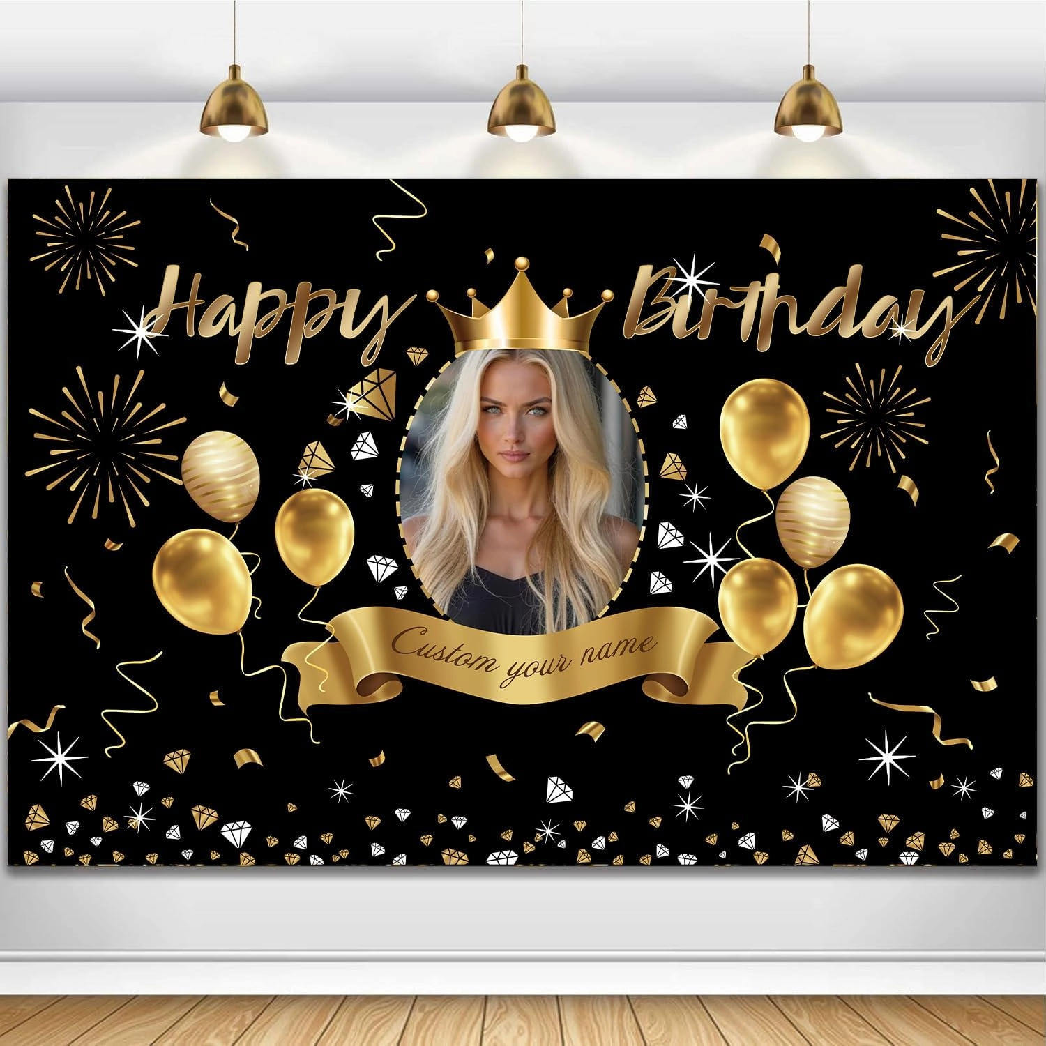 Custom Black Gold Crown Happy Birthday Banner Backdrop Personalized Happy Birthday Golden Balloon Diamond Backgroud Party Indoor Outdoor Car Decoration Supplies for Man Women (5x7.5ft)