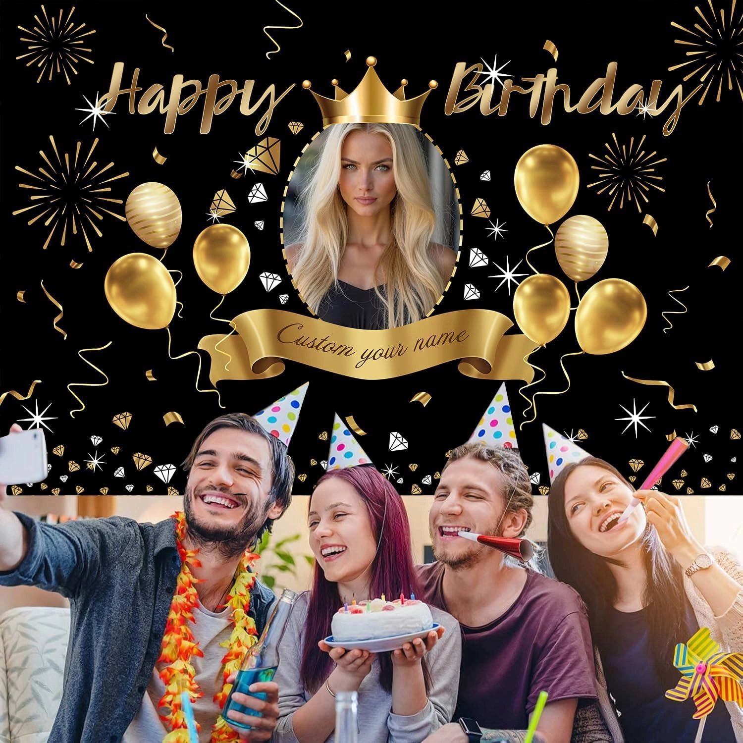 Custom Black Gold Crown Happy Birthday Banner Backdrop Personalized Happy Birthday Golden Balloon Diamond Backgroud Party Indoor Outdoor Car Decoration Supplies for Man Women (5x7.5ft)