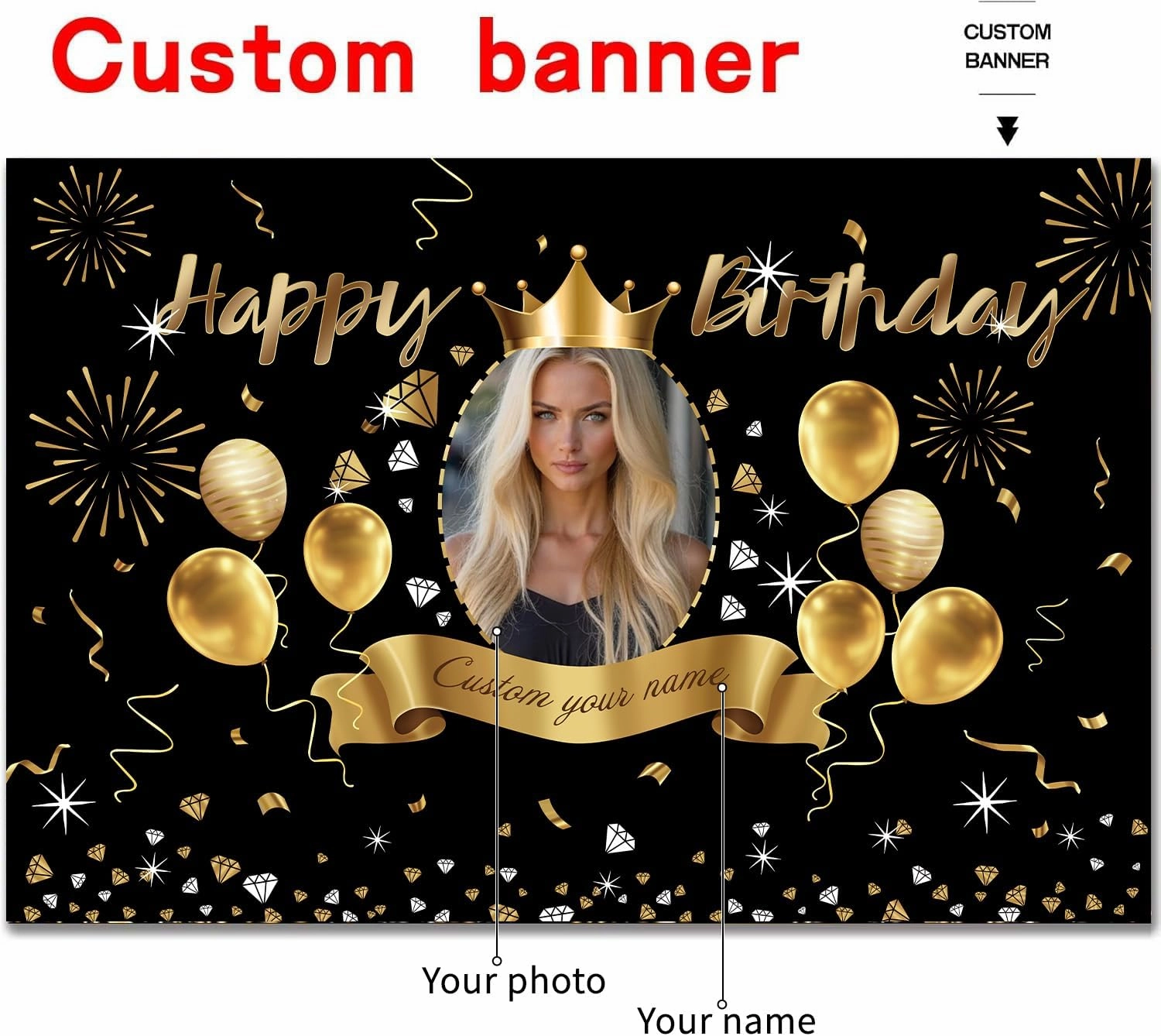 Custom Black Gold Crown Happy Birthday Banner Backdrop Personalized Happy Birthday Golden Balloon Diamond Backgroud Party Indoor Outdoor Car Decoration Supplies for Man Women (5x7.5ft)