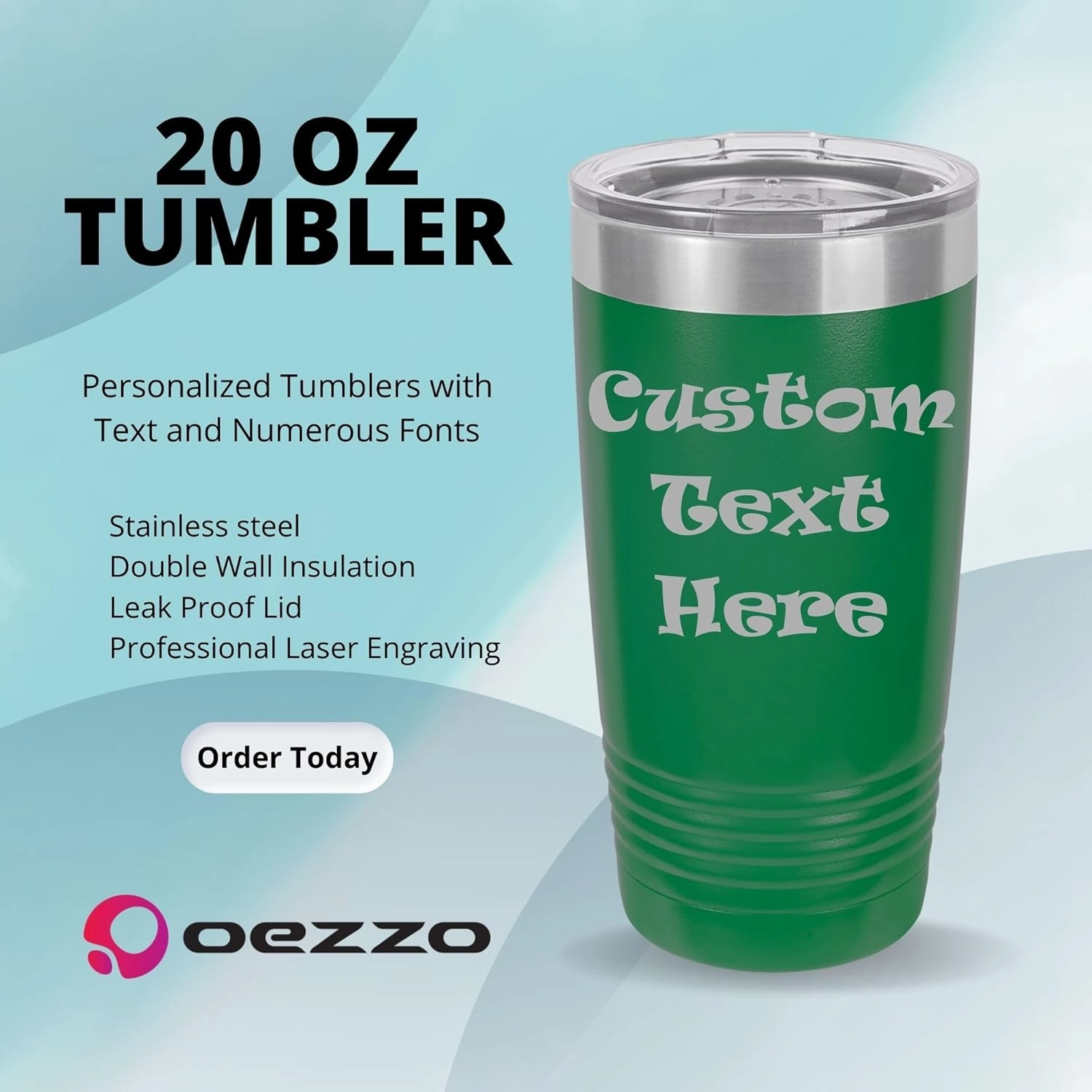 Custom Tumbler, Double Wall Personalized Bottles, Laser Engraved Text for Special Occasions (Green, 20oz)