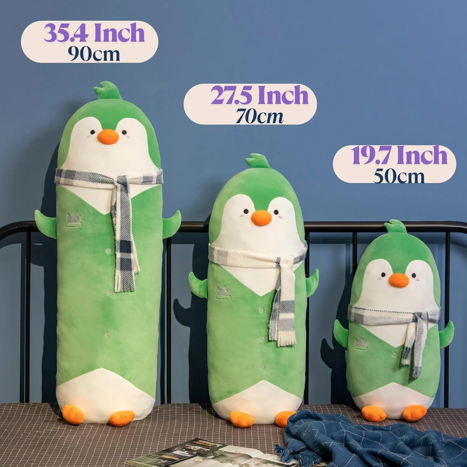 Cute Green Penguin Stuffed Animal 27.5''- Long Body Plush Pillow, Soft Cuddly Toy for Anxiety & Sleep, Emotional Support for Kids, Adults, Girlfriend, Bed & Room Decor