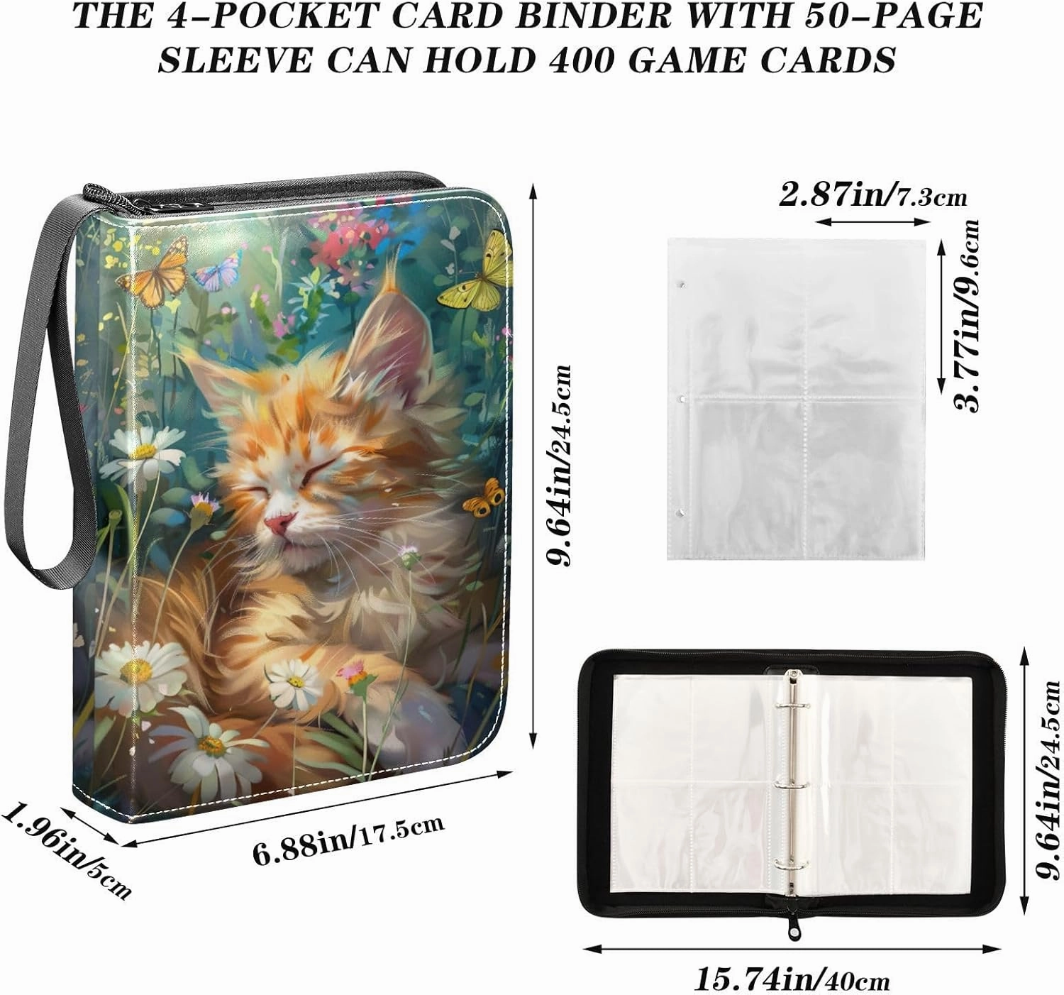 Cute Cat Trading Card Holder Binder 4-Pocket Card Collector Book Fits 400 Cards for Sports Cards, Game Cards
