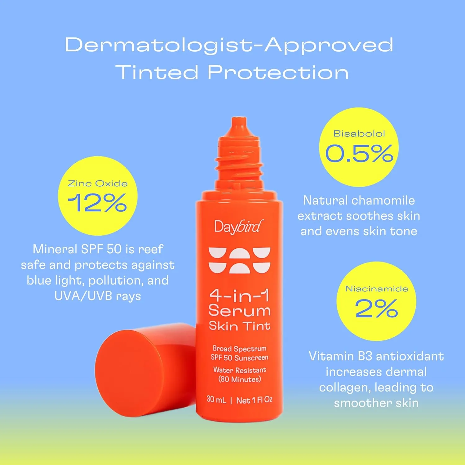 Daybird 4 in 1 Tinted Serum, Tinted Moisturizer and Sunscreen for Face, SPF 50  Niacinamide, 1 Ounce (Medium)