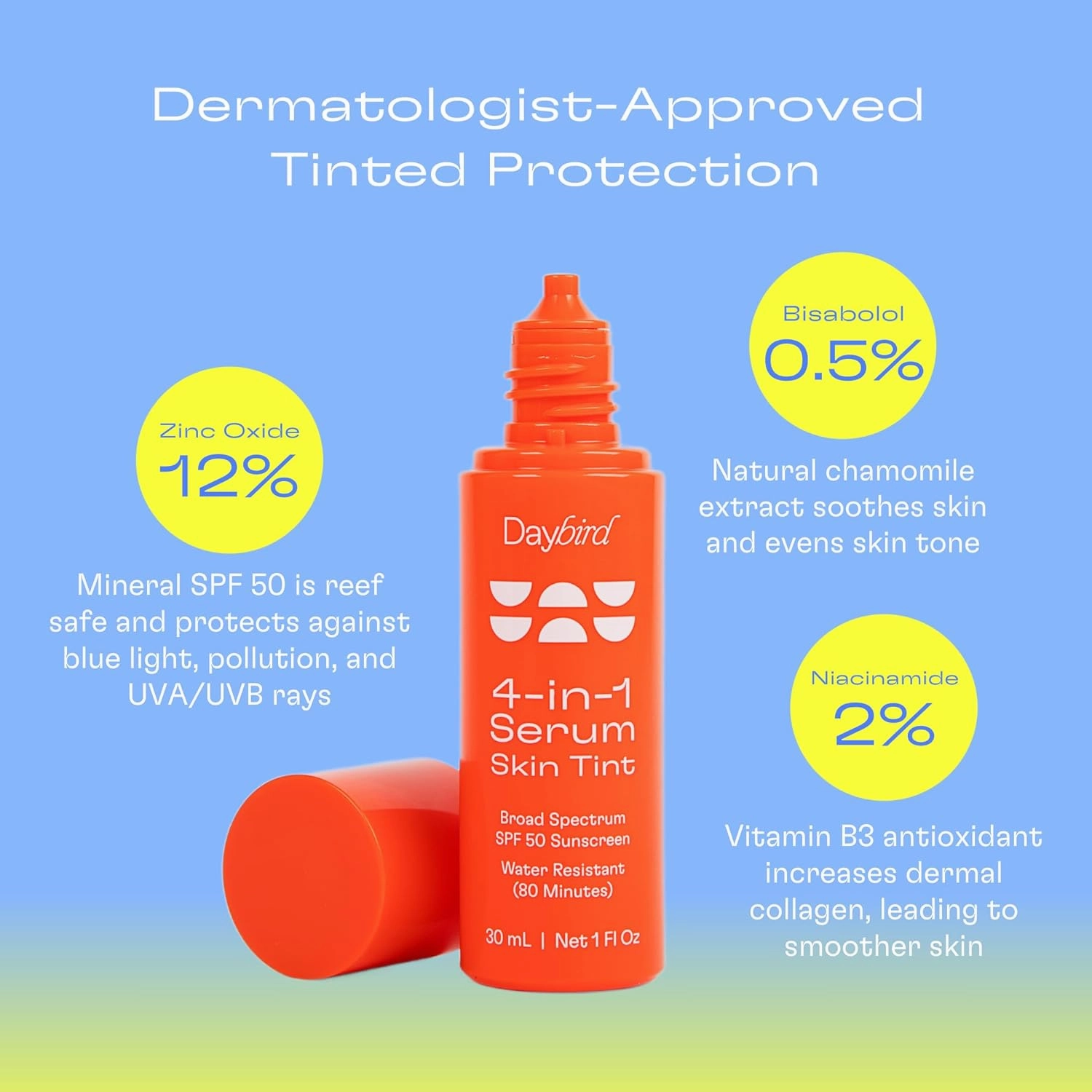 Daybird 4 in 1 Tinted Serum, Tinted Moisturizer and Sunscreen for Face, SPF 50  Niacinamide, 1 Ounce (Medium-Deep)