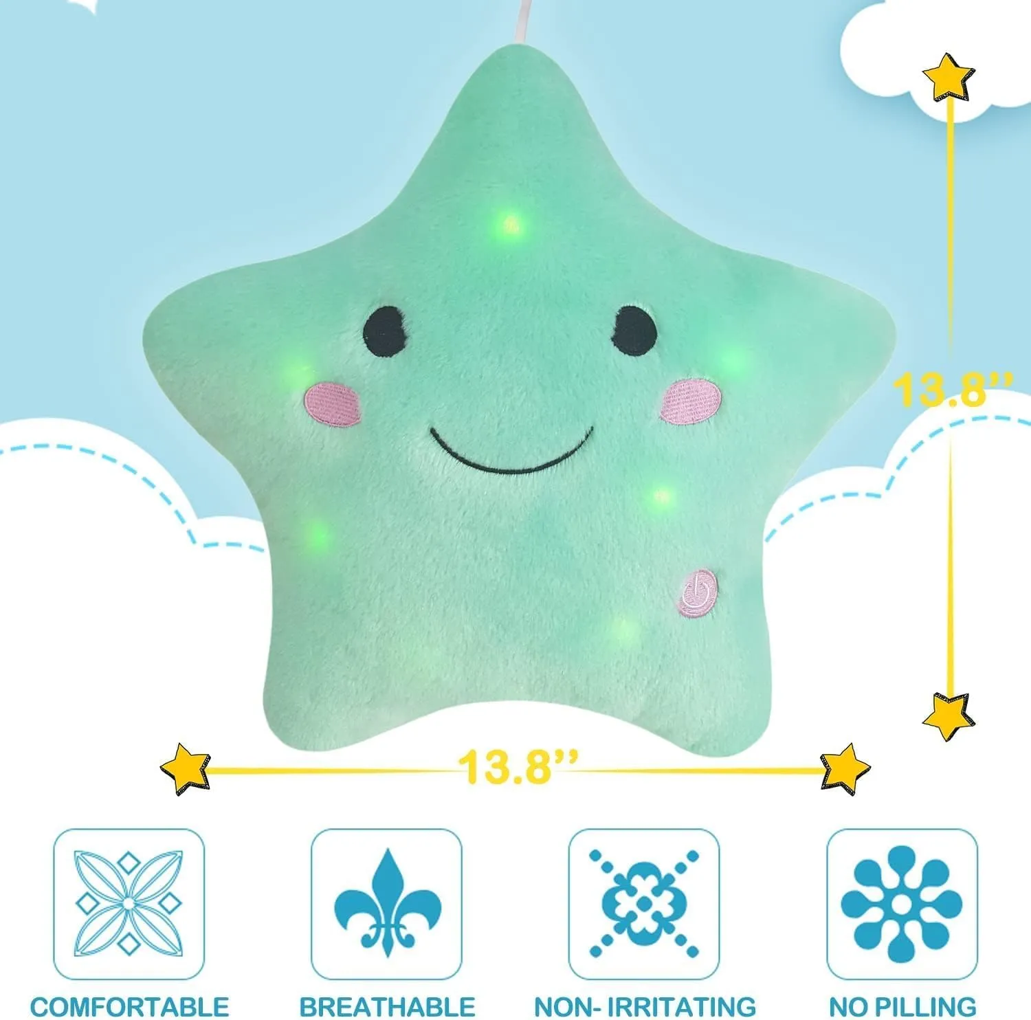 DearSun 13''Creative Twinkle Star Colorful Night Light Plush Pillows Light up Night Stuffed Toys Perfect for Birthday Christmas Holiday Valentines (Light Bluish Green)