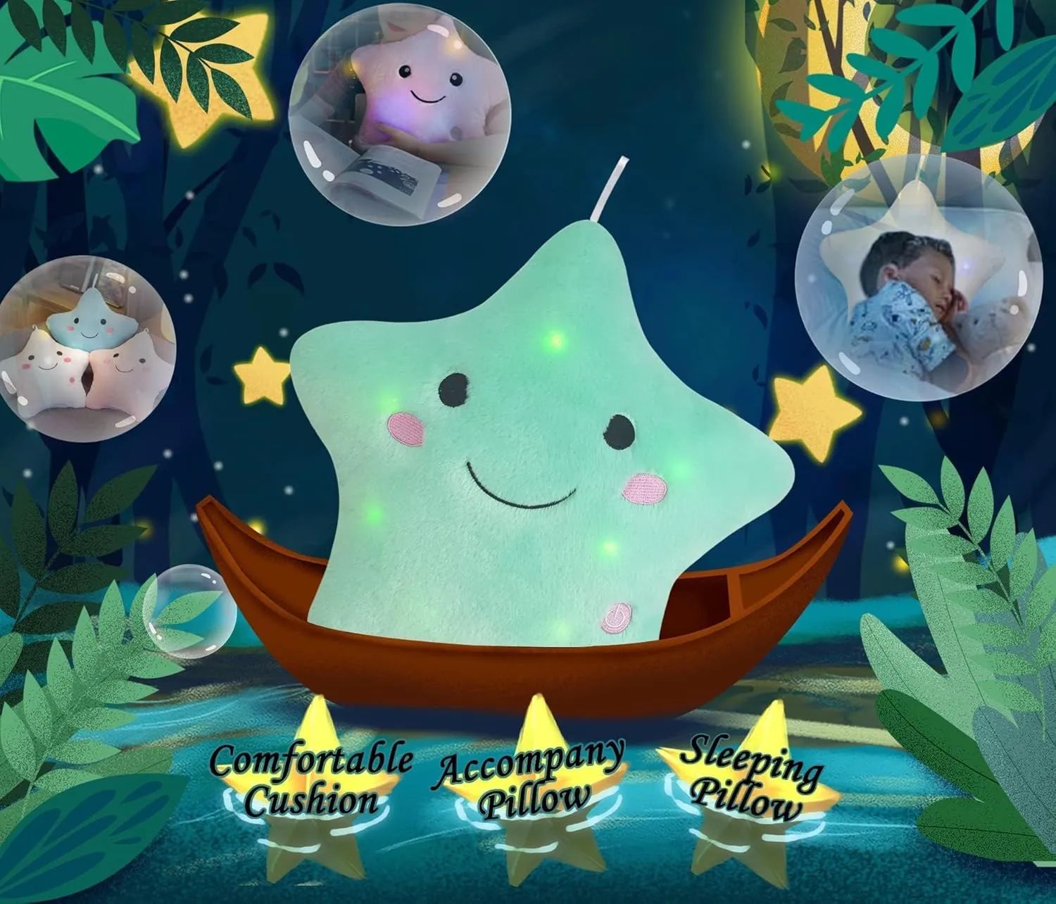 DearSun 13''Creative Twinkle Star Colorful Night Light Plush Pillows Light up Night Stuffed Toys Perfect for Birthday Christmas Holiday Valentines (Light Bluish Green)