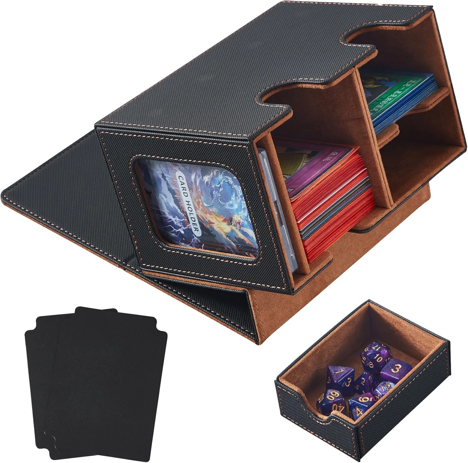 Deck Box Compatible with Mtg Cards, Prime Card Display Commander Box Magic The Gathering Deck Box Holding 250  Sleeveless Trading Card Storage Box Card box with Dice Tray (Black&Brown)