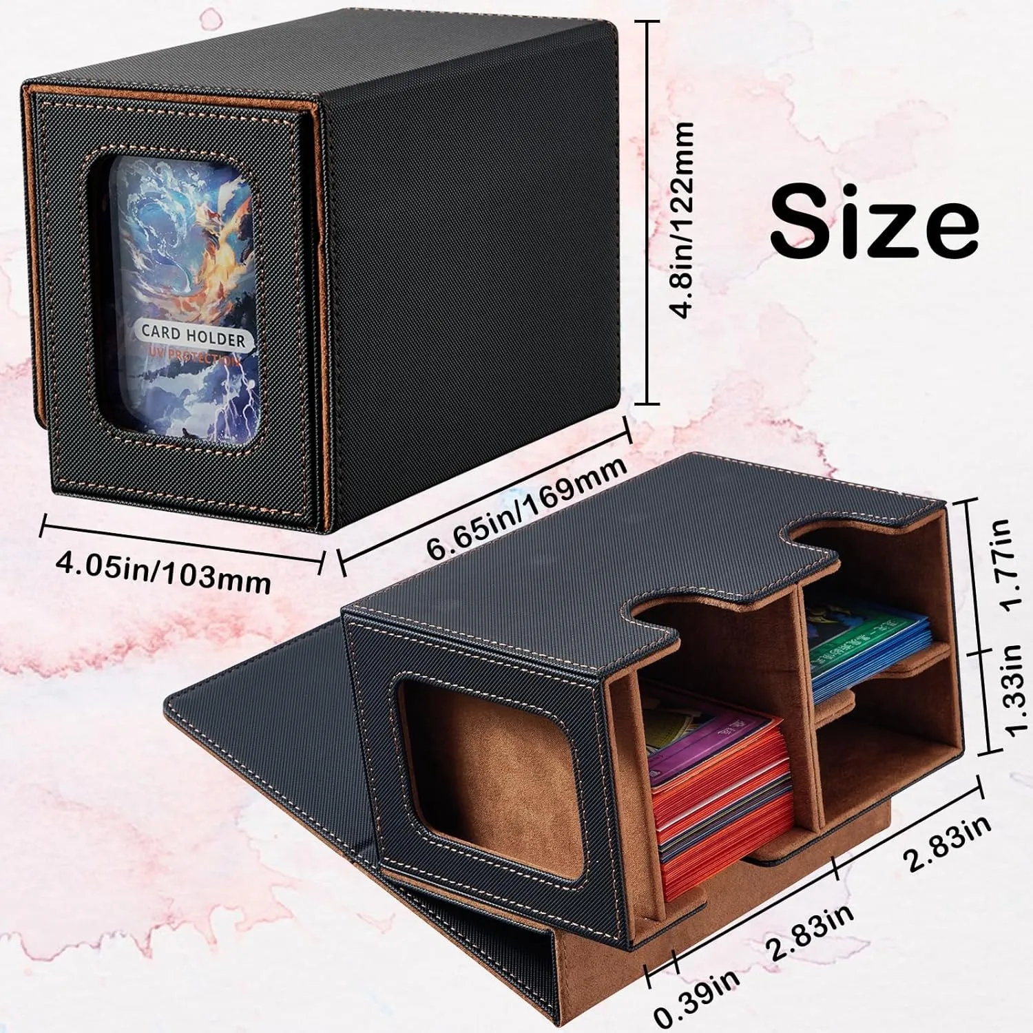 Deck Box Compatible with Mtg Cards, Prime Card Display Commander Box Magic The Gathering Deck Box Holding 250  Sleeveless Trading Card Storage Box Card box with Dice Tray (Black&Brown)