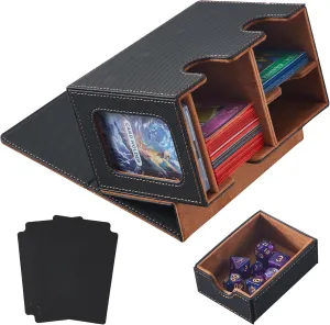 Deck Box Compatible with Mtg Cards, Prime Card Display Commander Box Magic The Gathering Deck Box Holding 250  Sleeveless Trading Card Storage Box Card box with Dice Tray (Black&Brown)