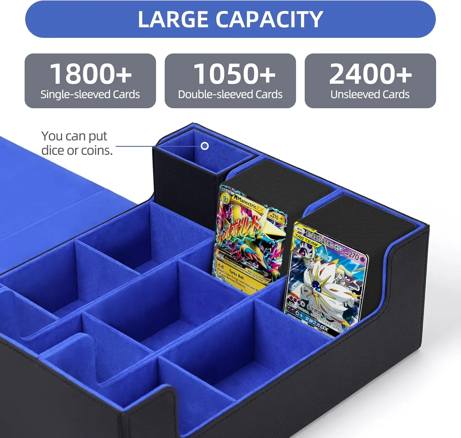 Deck Case for Trading Cards 1800 , PU Leather Commander Deck Box Organizer Holder with Magnetic Closure and Microfiber Lining for MTG and Magic Game Cards, Black/Blue