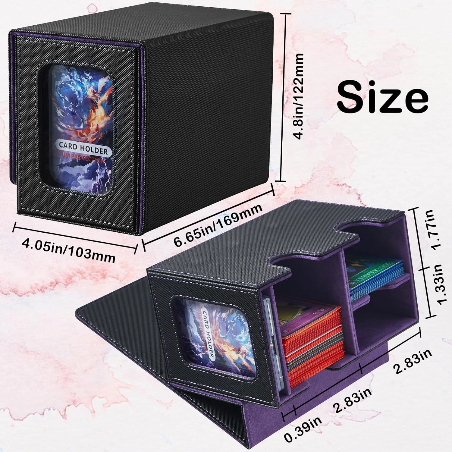 Deck Box Compatible with Mtg Cards, Prime Card Display Commander Box Magic The Gathering Deck Box Holding 250  Sleeveless Trading Card Deck Box Card box with Dice Tray (Black&Purple), 12004