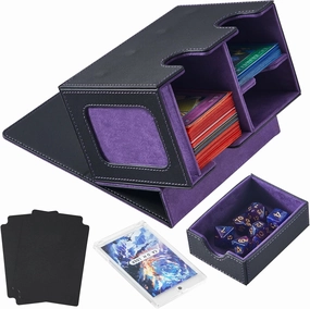 Deck Box Compatible with Mtg Cards, Prime Card Display Commander Box Magic The Gathering Deck Box Holding 250  Sleeveless Trading Card Deck Box Card box with Dice Tray (Black&Purple), 12004