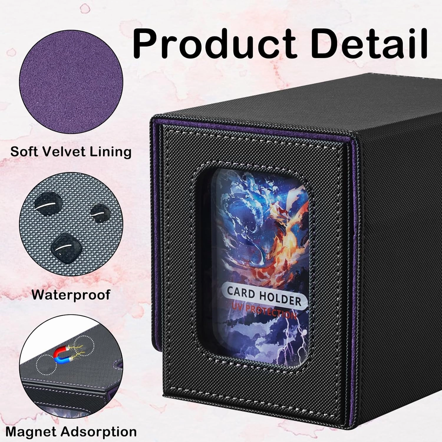 Deck Box Compatible with Mtg Cards, Prime Card Display Commander Box Magic The Gathering Deck Box Holding 250  Sleeveless Trading Card Deck Box Card box with Dice Tray (Black&Purple), 12004