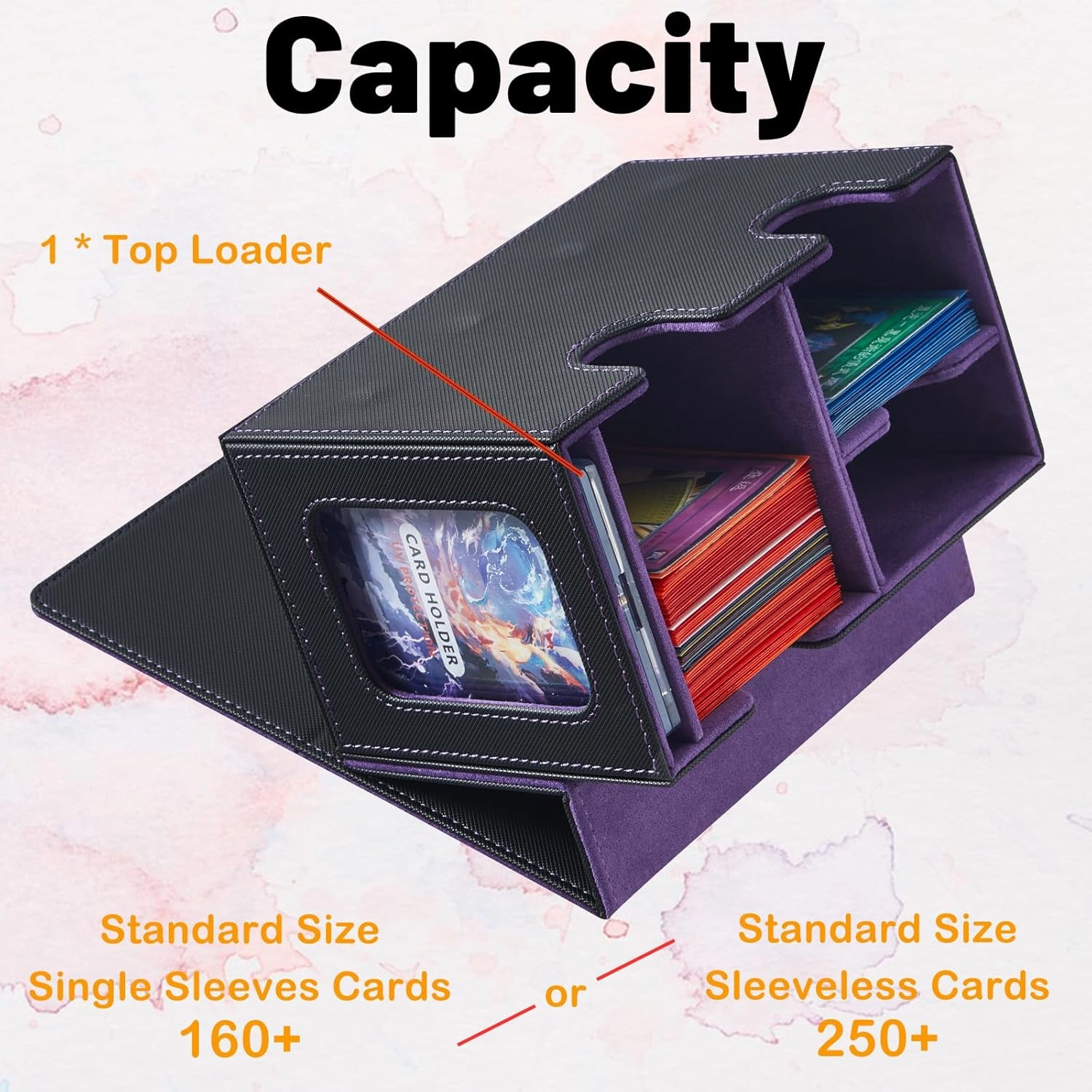 Deck Box Compatible with Mtg Cards, Prime Card Display Commander Box Magic The Gathering Deck Box Holding 250  Sleeveless Trading Card Deck Box Card box with Dice Tray (Black&Purple), 12004