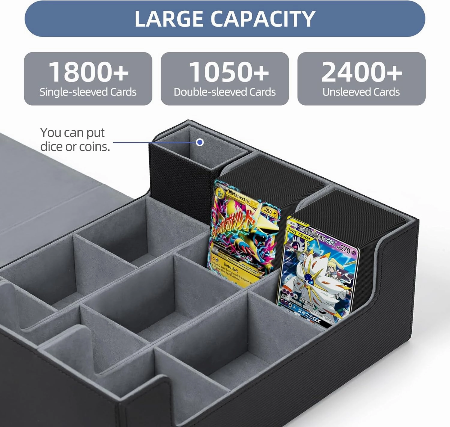 Deck Case for Trading Cards 1800 , PU Leather Commander Deck Box Organizer Holder with Magnetic Closure and Microfiber Lining for MTG and Magic Game Cards, Black/Grey