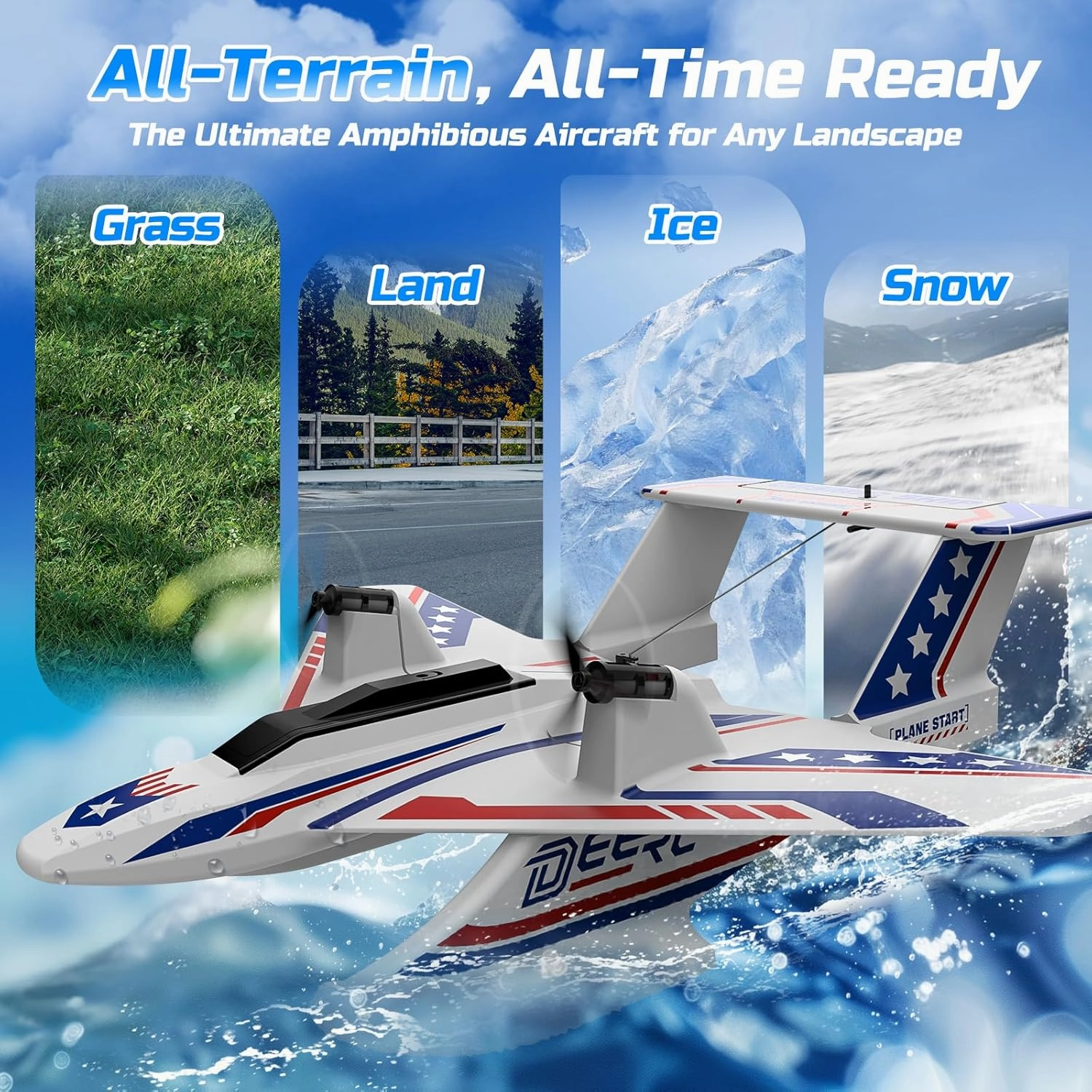 DEERC 3CH Amphibious RC Plane for Water, Land & Air, Remote Control Airplane Flying Boat Toys,2.4GHz 6-axis Gyro Stabilizer RTF Glider Aircraft Jet for Kids Adults Beginners Boys