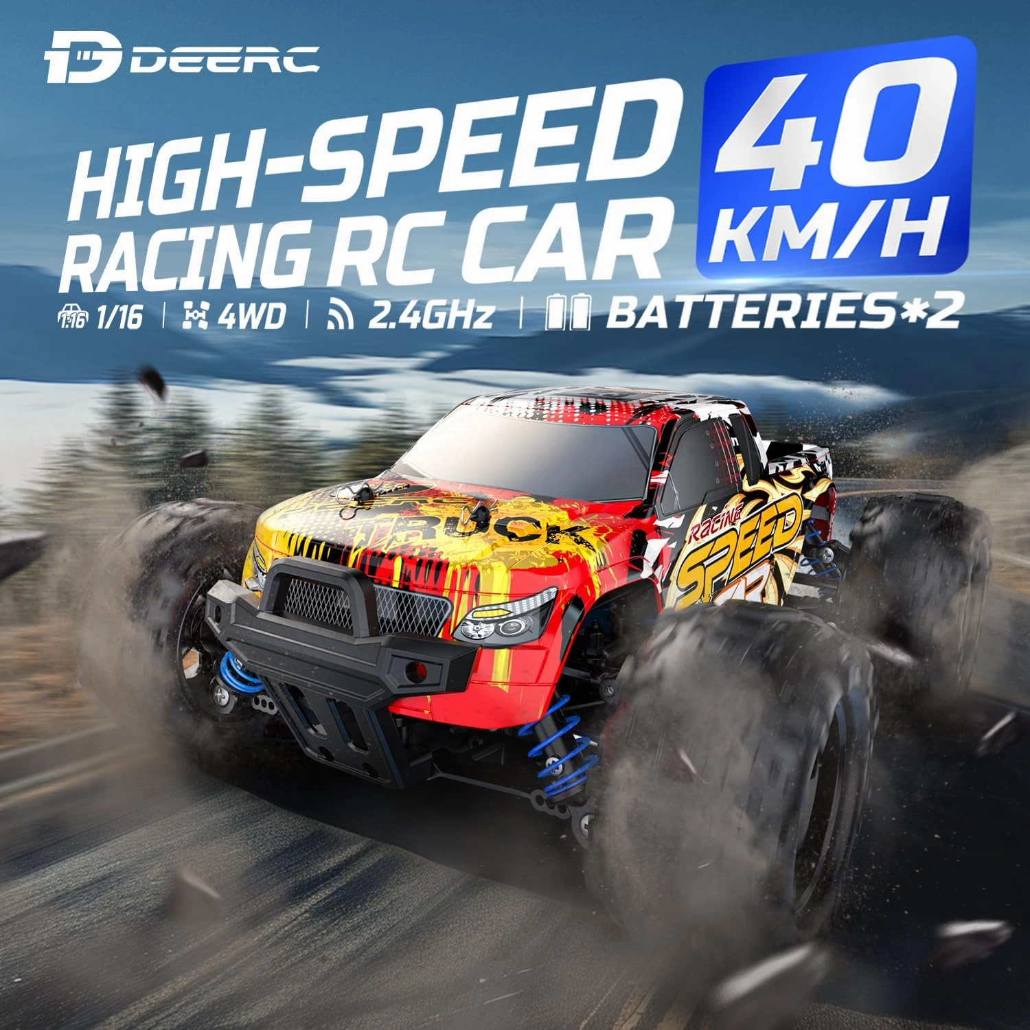 DEERC RC Cars High Speed Remote Control Car for Adults Kids 30 MPH, 1:16 Scales 4WD Off Road RC Monster Truck,Fast 2.4GHz All Terrains Toy Trucks Gifts for Boys,2 Batteries for 40Min Play