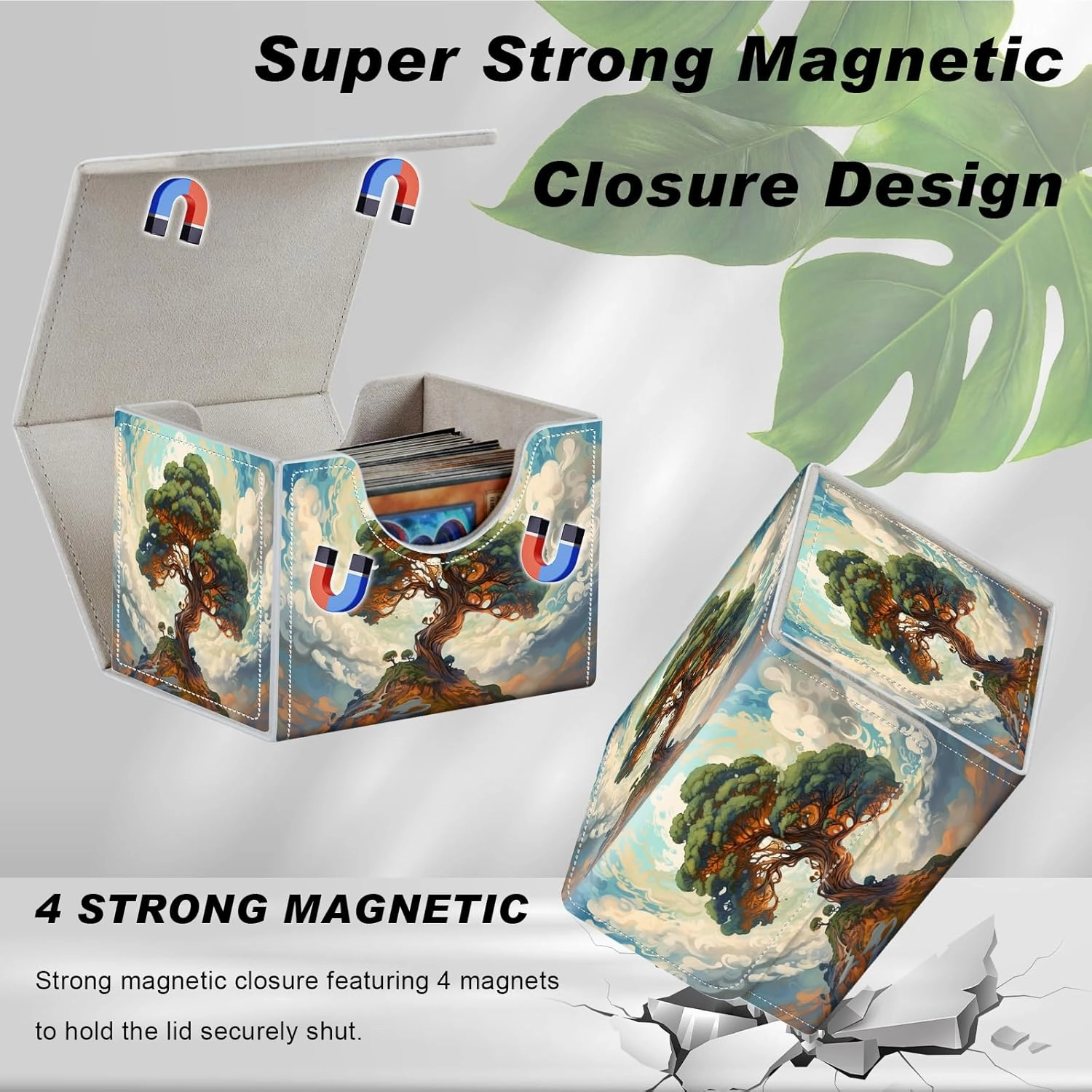 DEGDFSGR for TCG MTG Card Game Storage Box Organizer Trading Card Case Commander Deck Box Magnetic Closure Creative Pattern Up to 200 Cards, Big Tree White Cloud
