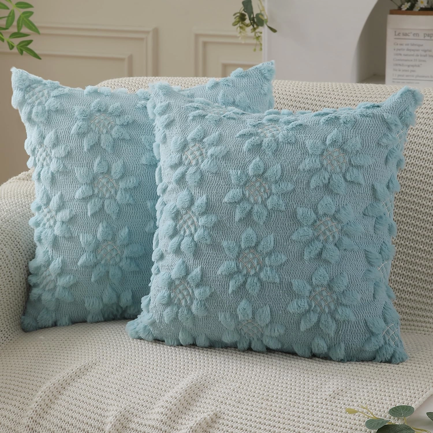 DFXSZ Spring Summer Pillow Covers 18x18 inch Set of 2 Farmhouse Decor White Flower Heart Sunflower Blue Soft Plush Faux Fur Jacquard Throw Pillows for Sofa Holiday Spring Home Decor PTK024G18