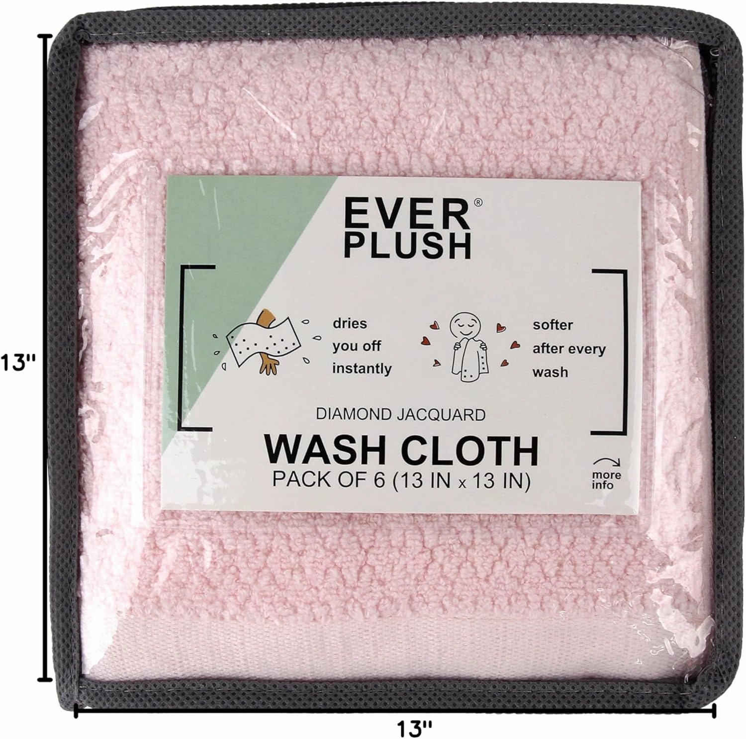 Diamond Jacquard Piece in Light, 6 x Washcloth (13 x 13 in), Rose Pink 6 Count