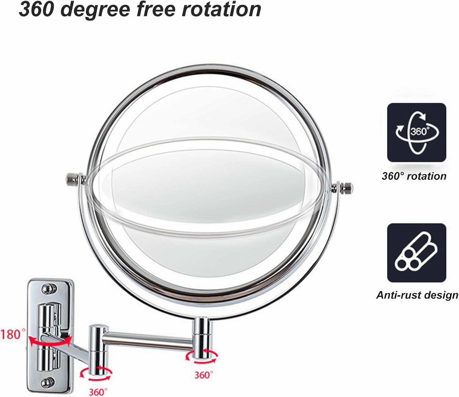 Dimmable Touch Screen Magnifying Makeup Mirror with 3 Colors, Rechargeable Lighted Double Sided Shaving Mirror Wall Mounted Extendable LED Vanity Mirror,Chrome,10X