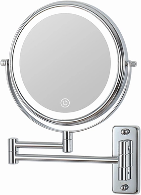 Dimmable Touch Screen Magnifying Makeup Mirror with 3 Colors, Rechargeable Lighted Double Sided Shaving Mirror Wall Mounted Extendable LED Vanity Mirror,Chrome,10X