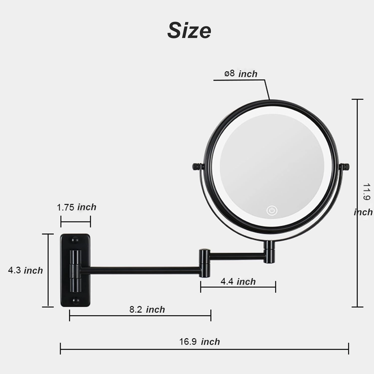 Dimmable Touch Screen Magnifying Makeup Mirror with 3 Colors, Rechargeable Lighted Double Sided Shaving Mirror Wall Mounted Extendable LED Vanity Mirror,Chrome,10X