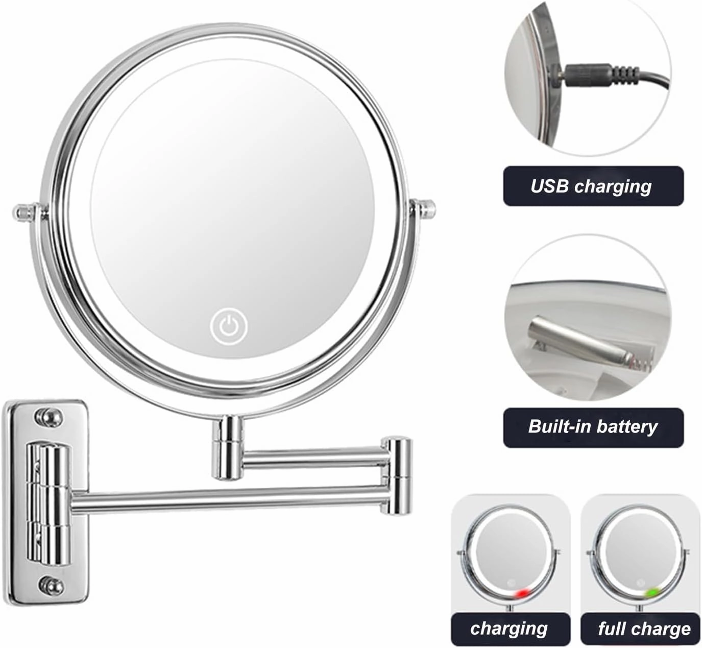 Dimmable Touch Screen Magnifying Makeup Mirror with 3 Colors, Rechargeable Lighted Double Sided Shaving Mirror Wall Mounted Extendable LED Vanity Mirror,Chrome,10X