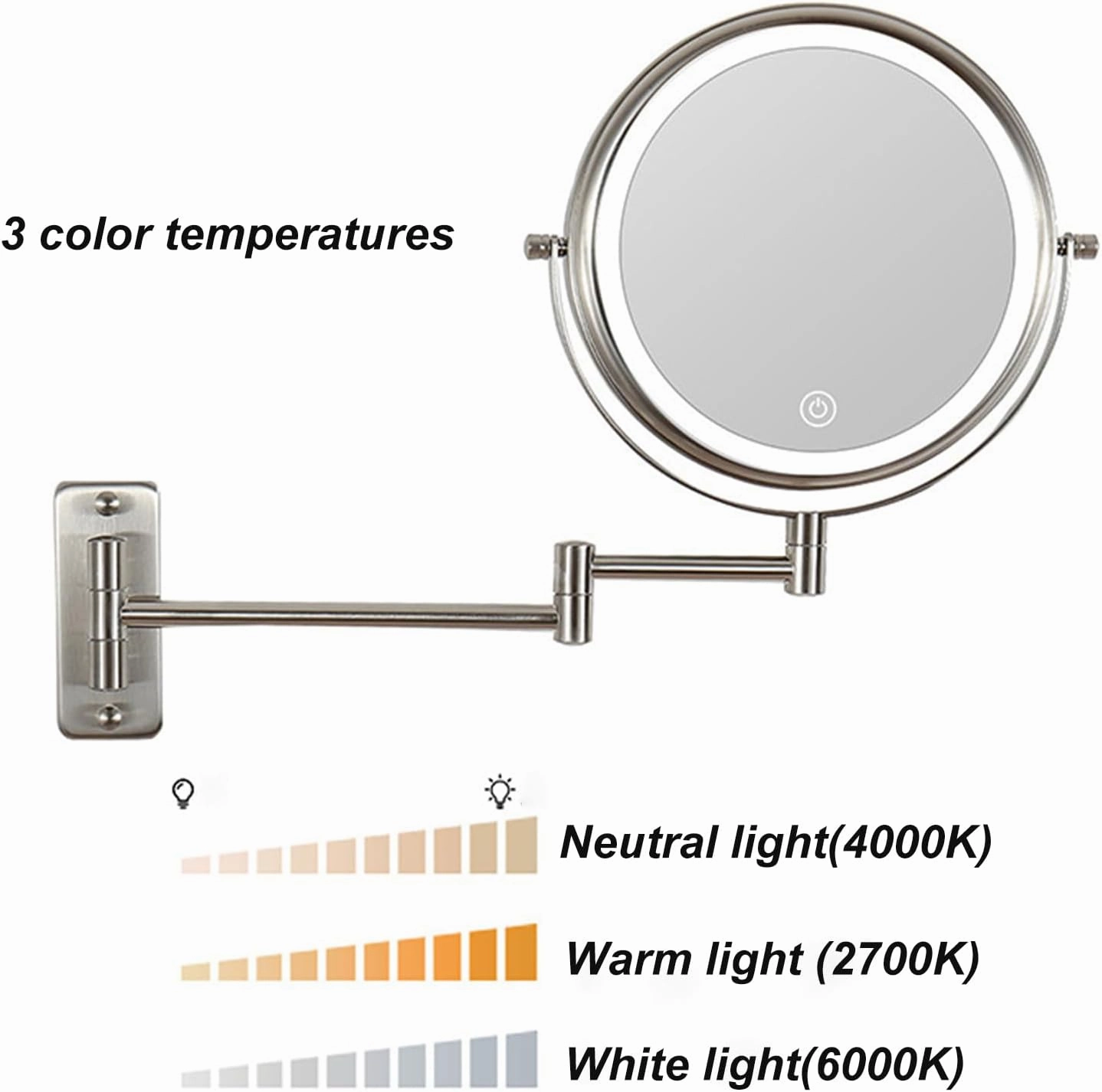 Dimmable Touch Screen Magnifying Makeup Mirror with 3 Colors, Rechargeable Lighted Double Sided Shaving Mirror Wall Mounted Extendable LED Vanity Mirror,Chrome,10X