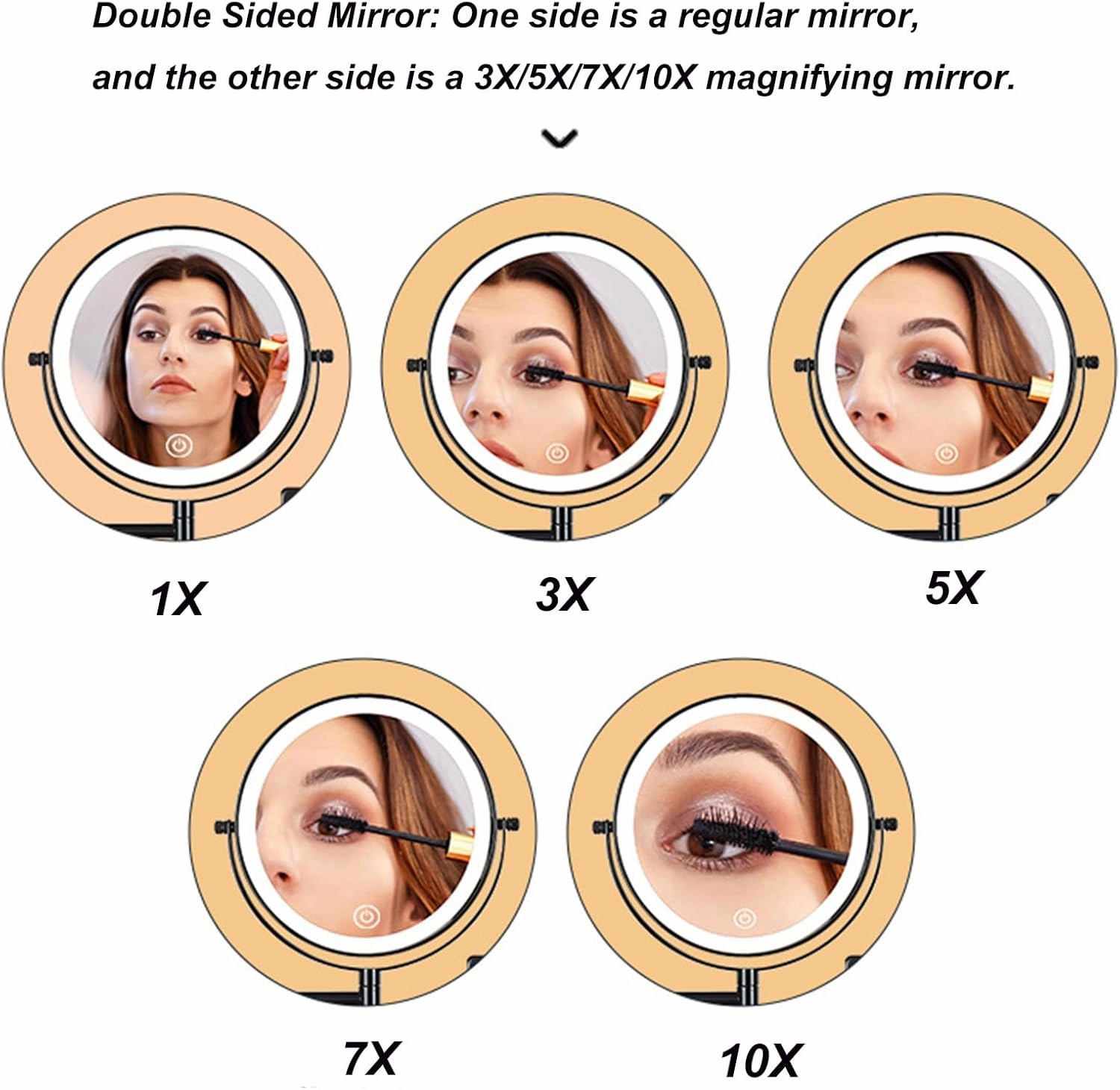 Dimmable Touch Screen Magnifying Makeup Mirror with 3 Colors, Rechargeable Lighted Double Sided Shaving Mirror Wall Mounted Extendable LED Vanity Mirror,Chrome,10X