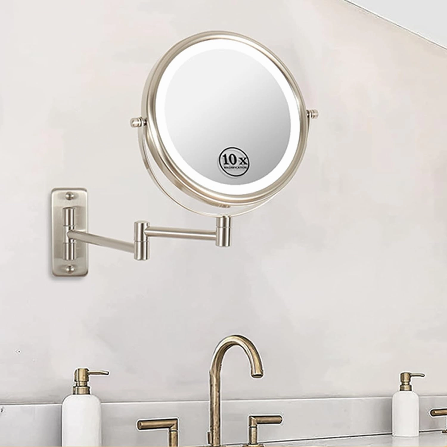 Dimmable Touch Screen Magnifying Makeup Mirror with 3 Colors, Rechargeable Lighted Double Sided Shaving Mirror Wall Mounted Extendable LED Vanity Mirror,Chrome,10X