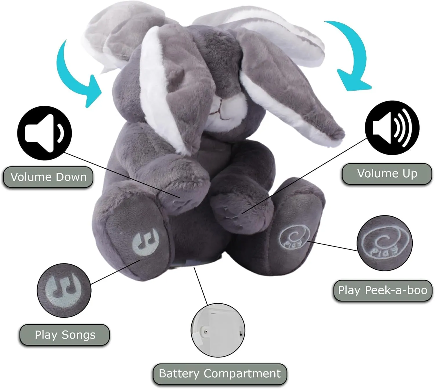 Dimple Milo Bunny Stuffed Animal - Animated Interactive Soft Bunny Plush Toy with Peek-a-Boo Feature and Singing Songs - Perfect Baby Stuffed Animal Gift for Ages 0 and Up (Set of 2, Grey)
