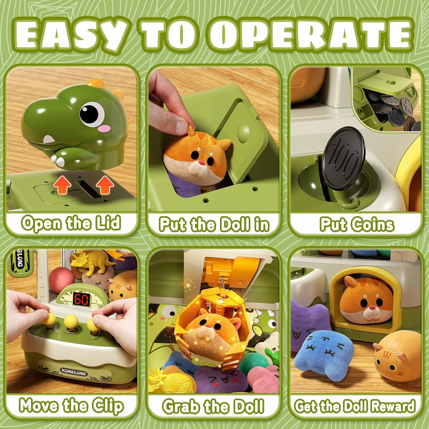 Dinosaur Claw Machine for Kids,Electronic Arcade Game Machine with Music,Kids Vending Machine Boys Birthday Gifts Toys Age 3  Years,Includes 20 Plush & 12 Dinosaur Accessories(Middle)
