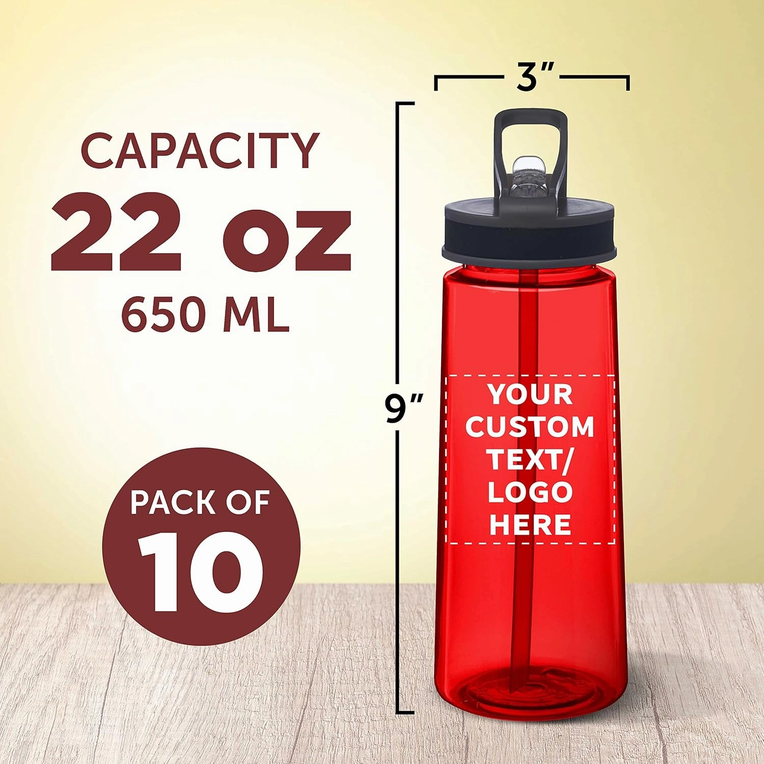 DISCOUNT PROMOS Custom Plastic Sports Bottles with Spill Proof Lids 22 oz. Set of 10, Personalized Bulk Pack - Reusable, With Straw, Perfect for Gym, Outdoor Sports, Home, Office - Red