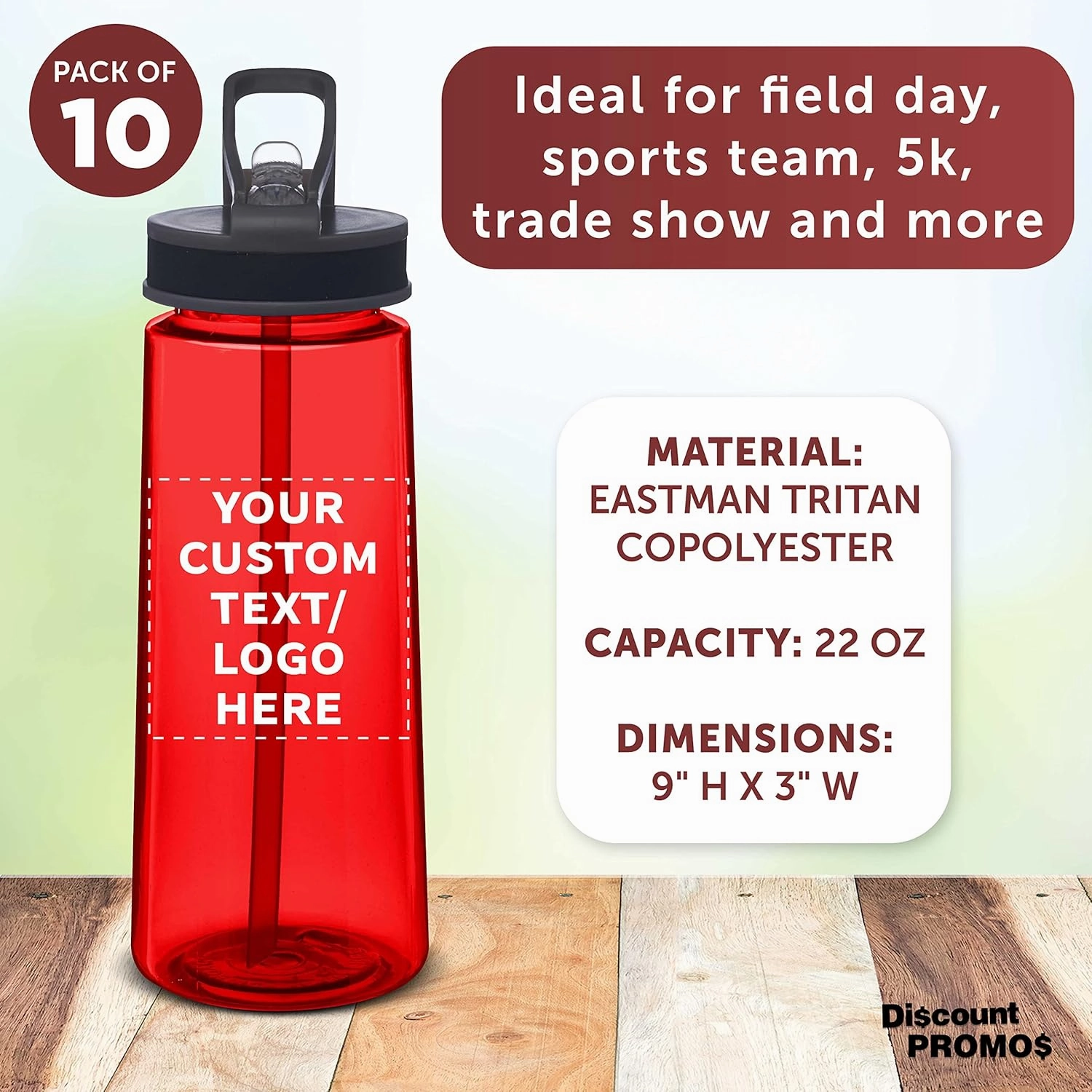 DISCOUNT PROMOS Custom Plastic Sports Bottles with Spill Proof Lids 22 oz. Set of 10, Personalized Bulk Pack - Reusable, With Straw, Perfect for Gym, Outdoor Sports, Home, Office - Red