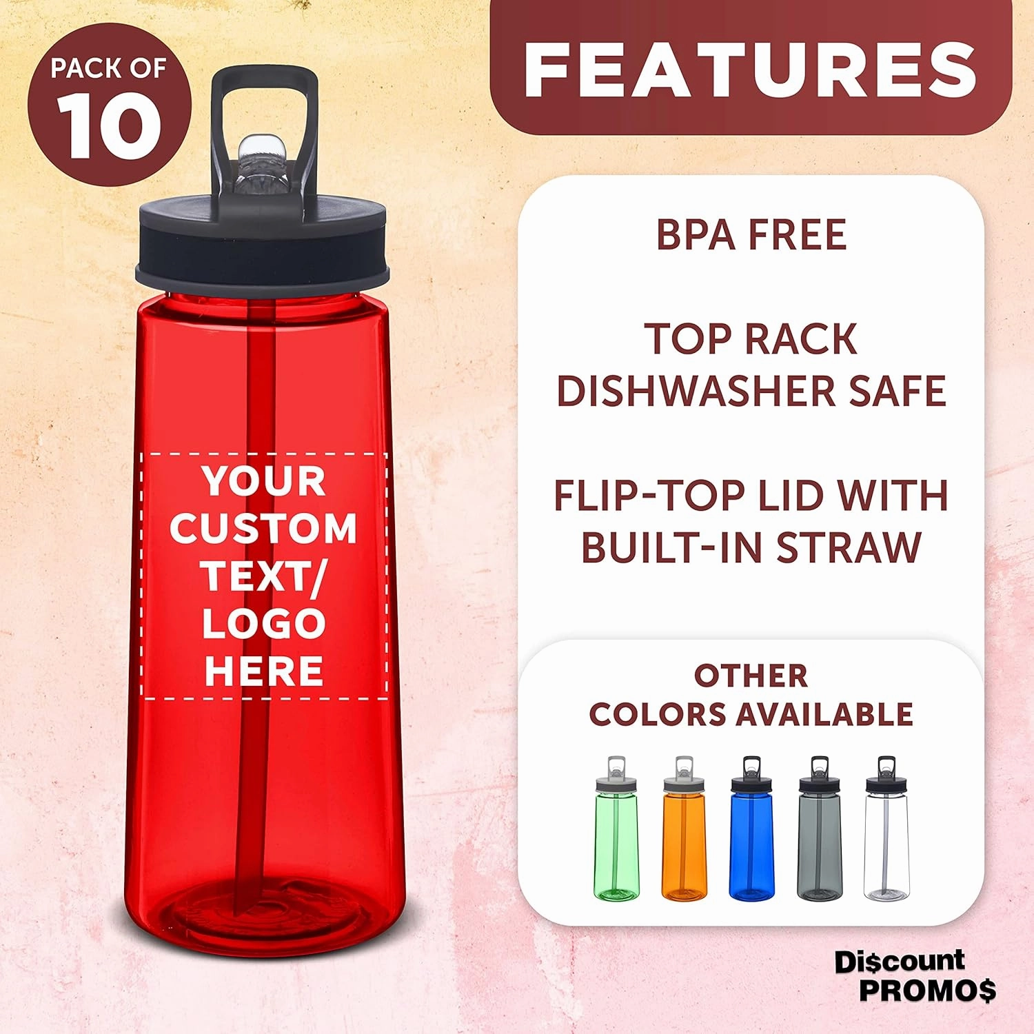 DISCOUNT PROMOS Custom Plastic Sports Bottles with Spill Proof Lids 22 oz. Set of 10, Personalized Bulk Pack - Reusable, With Straw, Perfect for Gym, Outdoor Sports, Home, Office - Red