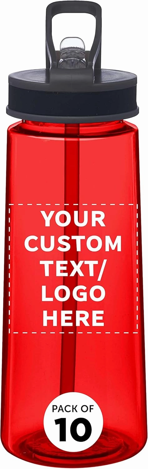 DISCOUNT PROMOS Custom Plastic Sports Bottles with Spill Proof Lids 22 oz. Set of 10, Personalized Bulk Pack - Reusable, With Straw, Perfect for Gym, Outdoor Sports, Home, Office - Red