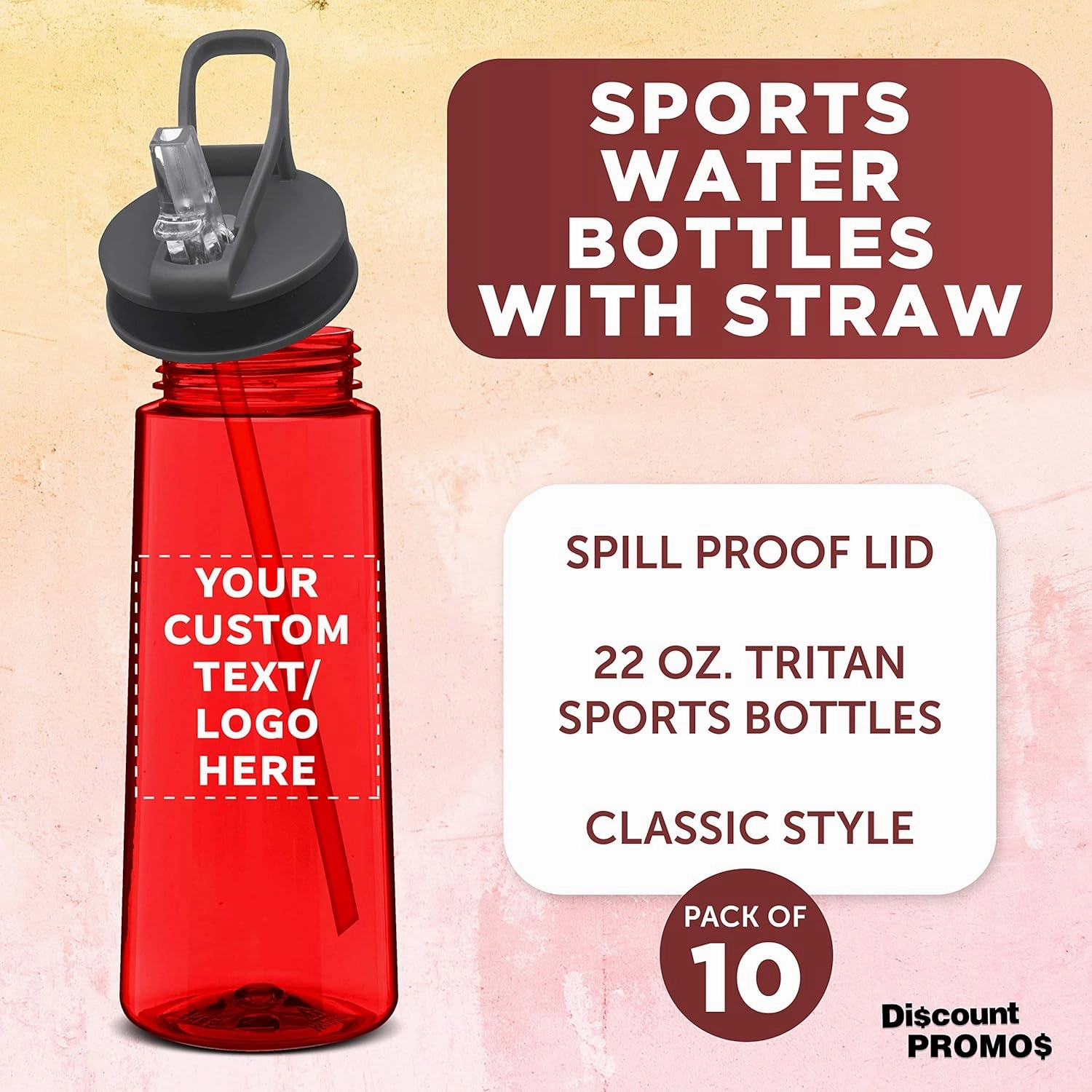 DISCOUNT PROMOS Custom Plastic Sports Bottles with Spill Proof Lids 22 oz. Set of 10, Personalized Bulk Pack - Reusable, With Straw, Perfect for Gym, Outdoor Sports, Home, Office - Red
