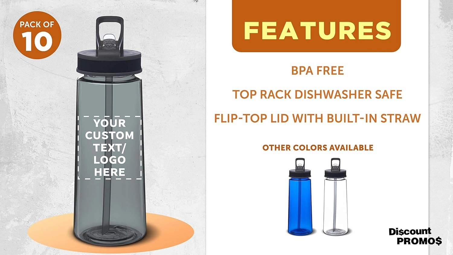 DISCOUNT PROMOS Custom Plastic Sports Bottles with Spill-Proof Lids and Straw – 22 oz. – Set of 10 – Personalized Bulk Gift for Dad – Reusable for Gym, Home, Office – Charcoal