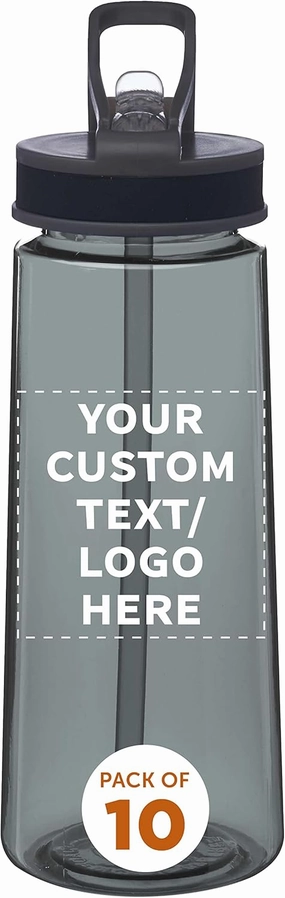 DISCOUNT PROMOS Custom Plastic Sports Bottles with Spill-Proof Lids and Straw – 22 oz. – Set of 10 – Personalized Bulk Gift for Dad – Reusable for Gym, Home, Office – Charcoal