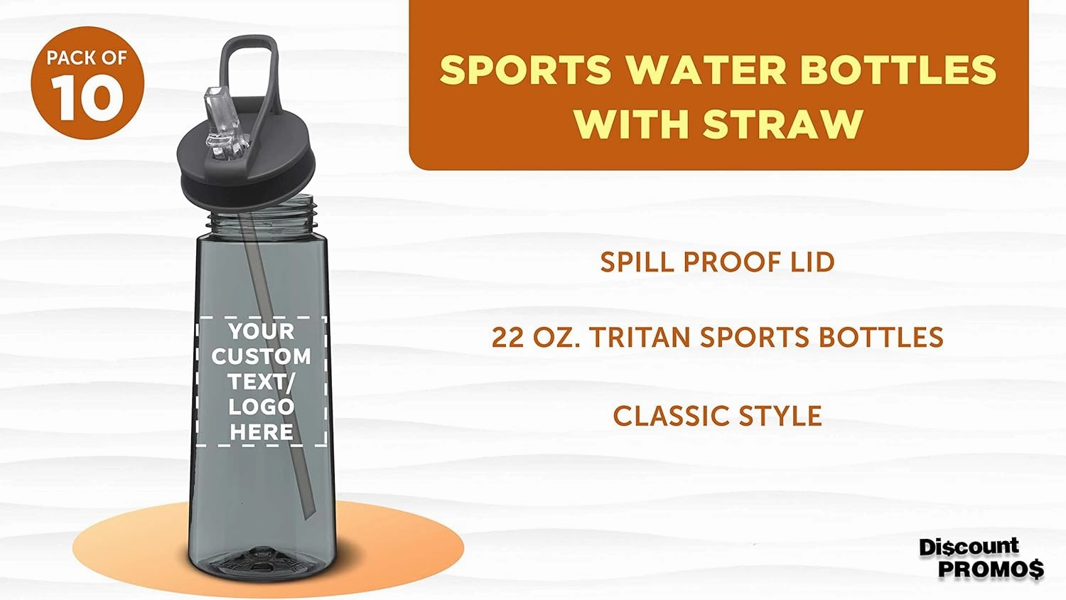 DISCOUNT PROMOS Custom Plastic Sports Bottles with Spill-Proof Lids and Straw – 22 oz. – Set of 10 – Personalized Bulk Gift for Dad – Reusable for Gym, Home, Office – Charcoal