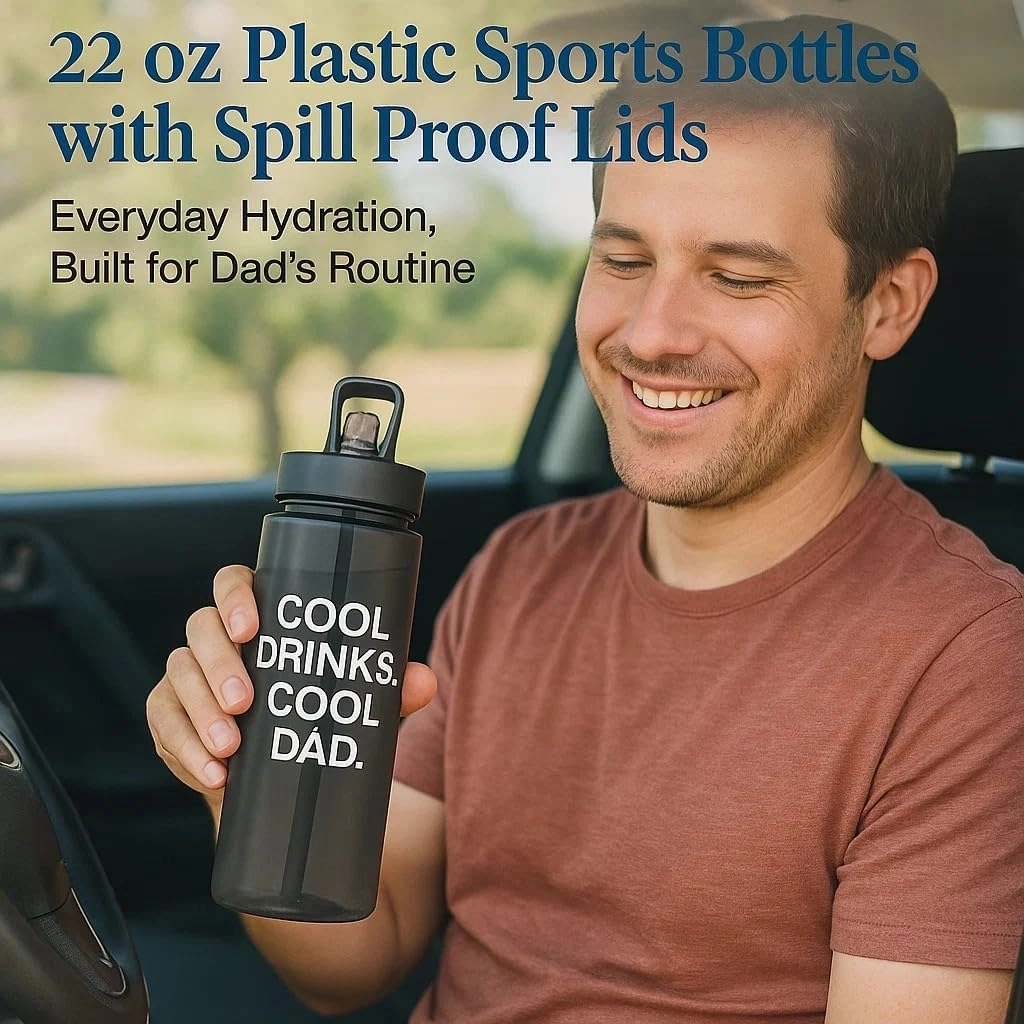 DISCOUNT PROMOS Custom Plastic Sports Bottles with Spill-Proof Lids and Straw – 22 oz. – Set of 10 – Personalized Bulk Gift for Dad – Reusable for Gym, Home, Office – Charcoal