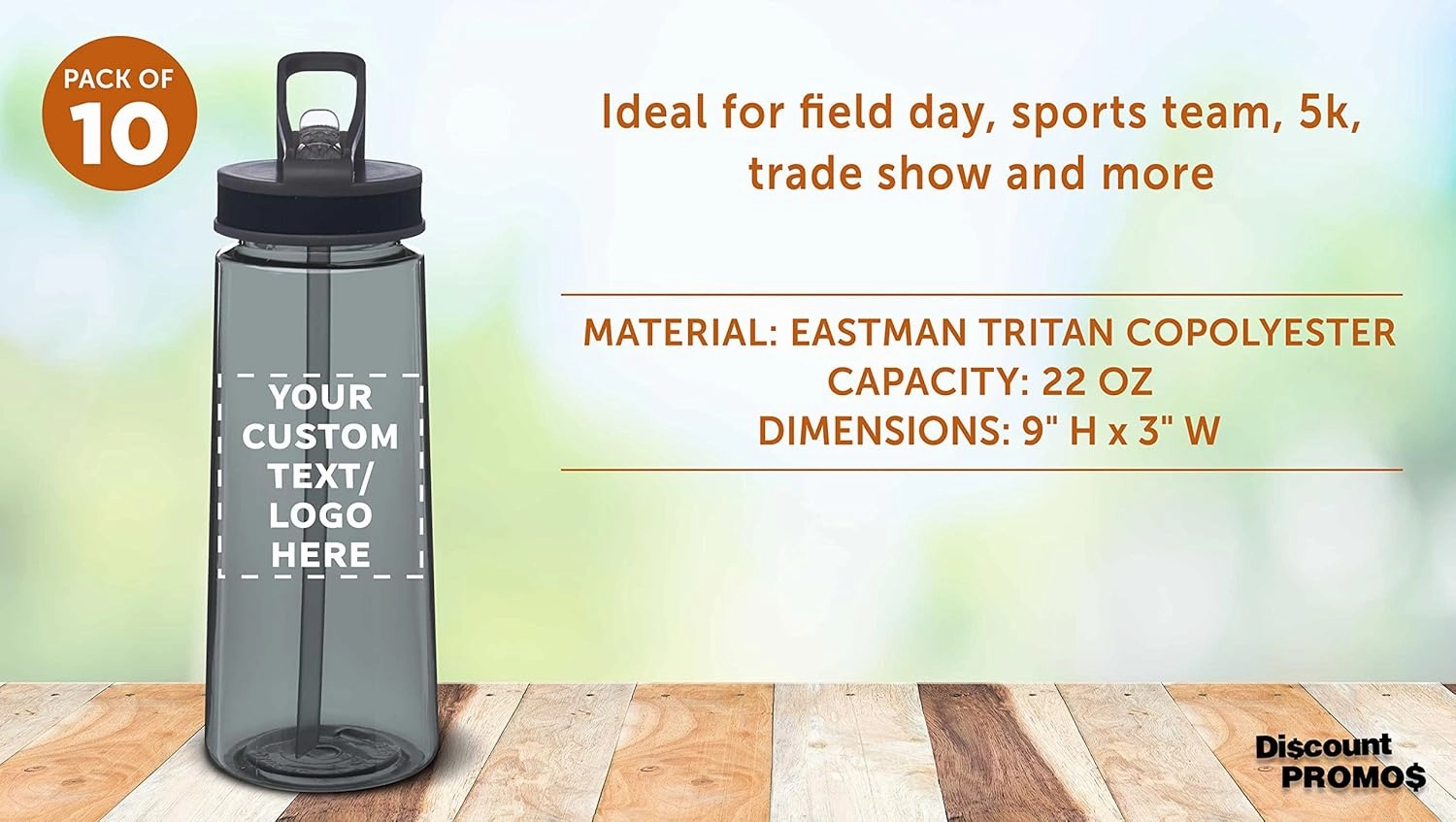 DISCOUNT PROMOS Custom Plastic Sports Bottles with Spill-Proof Lids and Straw – 22 oz. – Set of 10 – Personalized Bulk Gift for Dad – Reusable for Gym, Home, Office – Charcoal