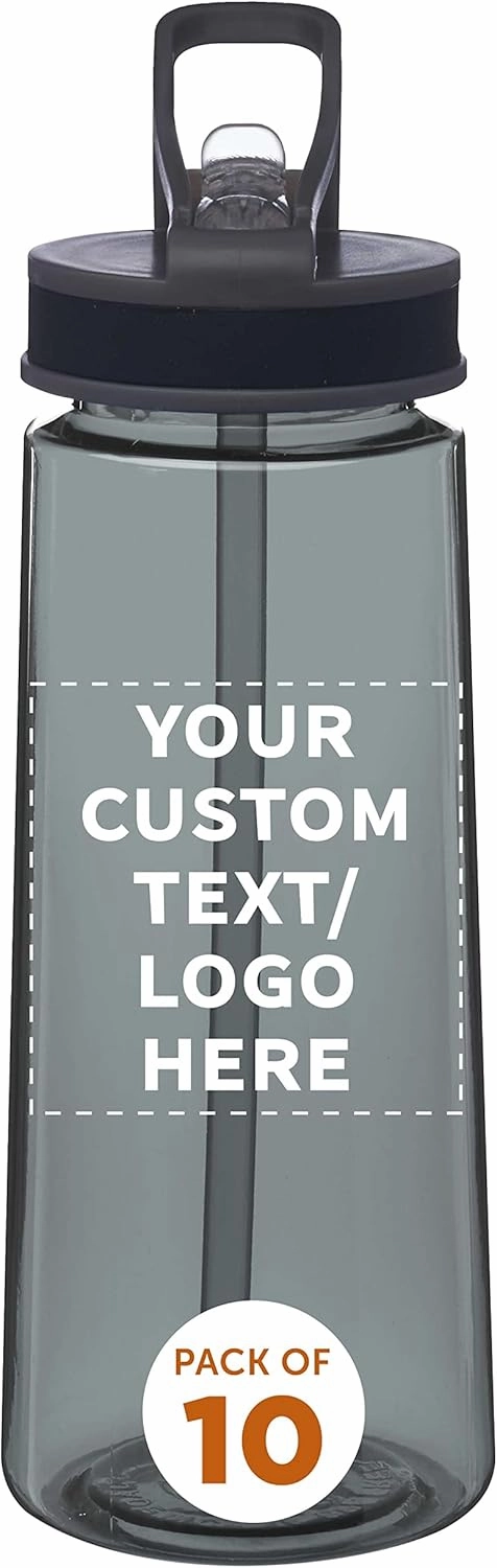 DISCOUNT PROMOS Custom Plastic Sports Bottles with Spill-Proof Lids and Straw – 22 oz. – Set of 10 – Personalized Bulk Gift for Dad – Reusable for Gym, Home, Office – Charcoal