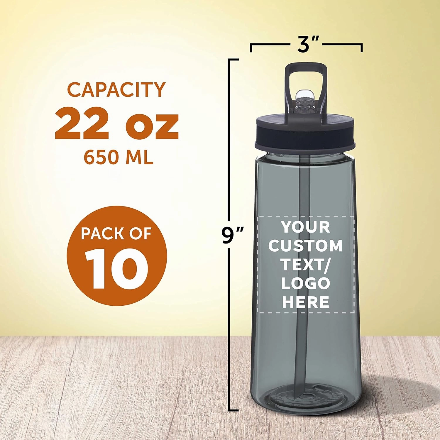 DISCOUNT PROMOS Custom Plastic Sports Bottles with Spill-Proof Lids and Straw – 22 oz. – Set of 10 – Personalized Bulk Gift for Dad – Reusable for Gym, Home, Office – Charcoal