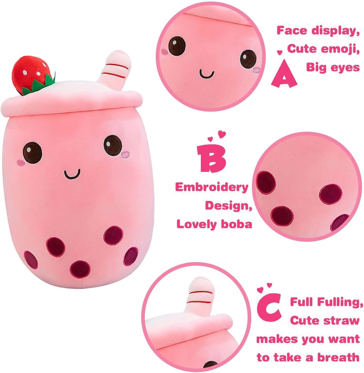 Ditucu Cute Boba Tea Plush Stuffed Bubble Tea Plushie Cartoon Soft Strawberry Pillow Home Hugging Gift for Kids Pink 19.6 inch