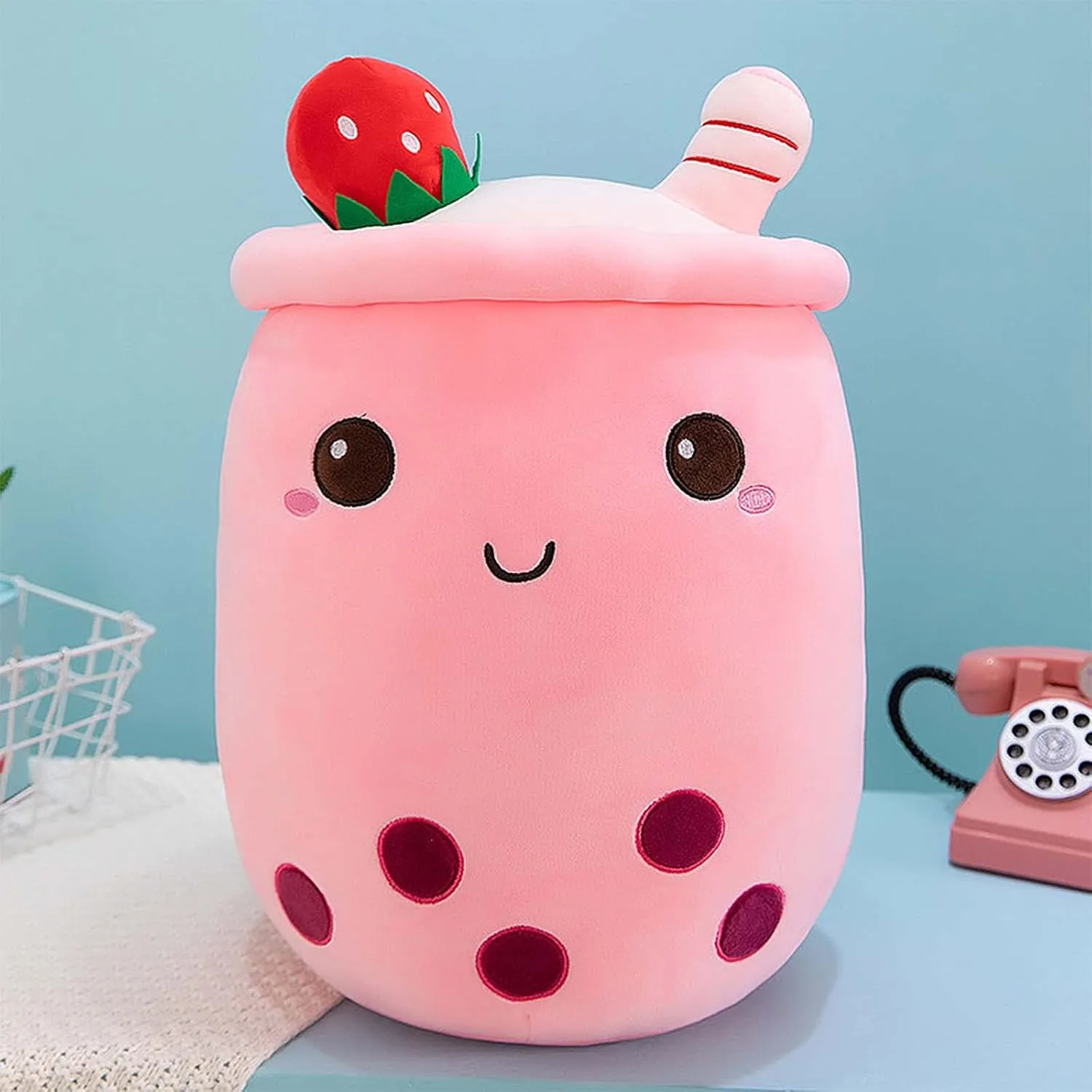 Ditucu Cute Boba Tea Plush Stuffed Bubble Tea Plushie Cartoon Soft Strawberry Pillow Home Hugging Gift for Kids Pink 19.6 inch