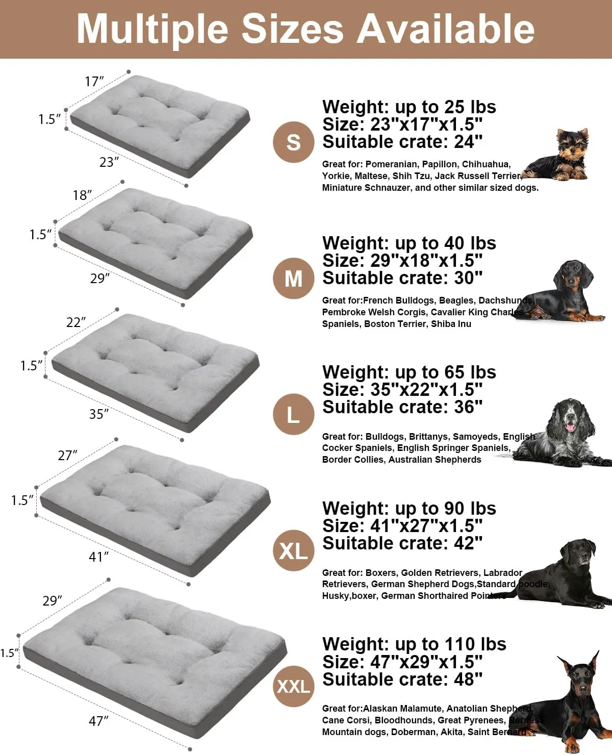 Dog Bed for Crate Washable Plush Dog Bed Kennel Pad Pet Sleeping Mat with Anti-Slip Bottom,41x27 Inch, Grey